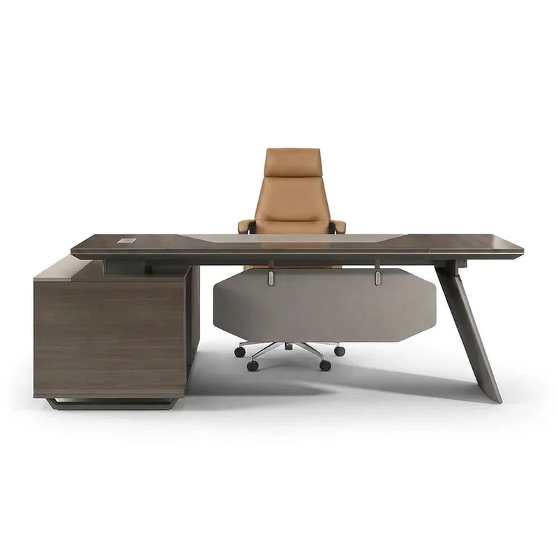 Flynn L-shaped desk in bourbon walnut with faceted pedestal shield