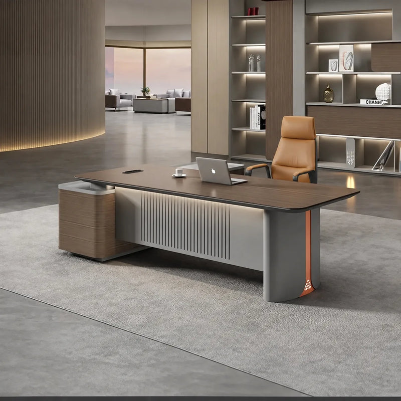 Sayers desk with orange trim strip on the gray pedestal