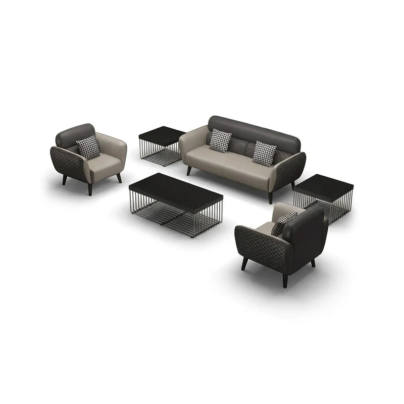 Möja modern office lounge conversation set in gray and beige leather with quilted wings: 3-seater sofa, two arm chairs and a coffee table