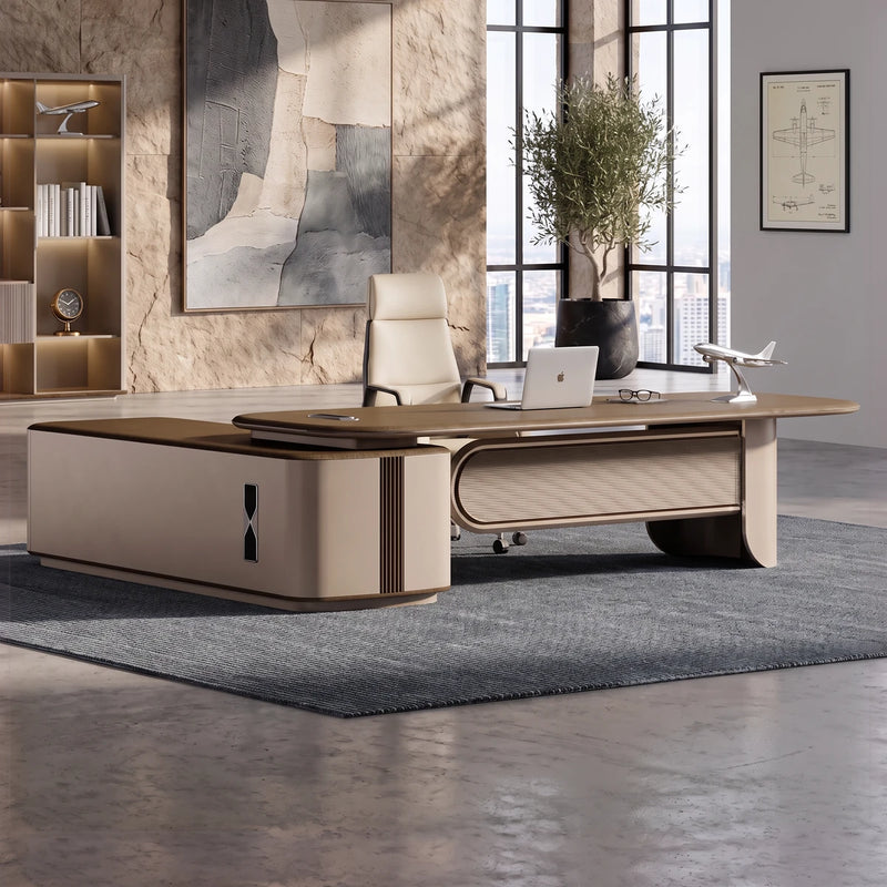 Secord desk in a sunlit stone tower office with a city view