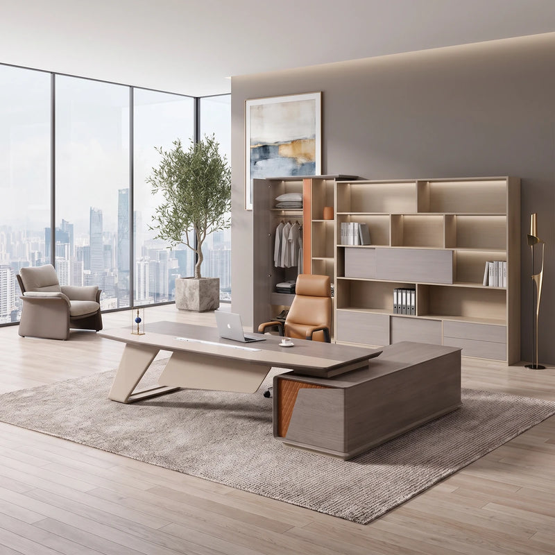 Seguin executive desk in a glass-walled tower office with city views beside its matching shelving