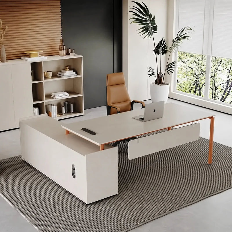 Selby manager desk, right return, wood-slat wall behind