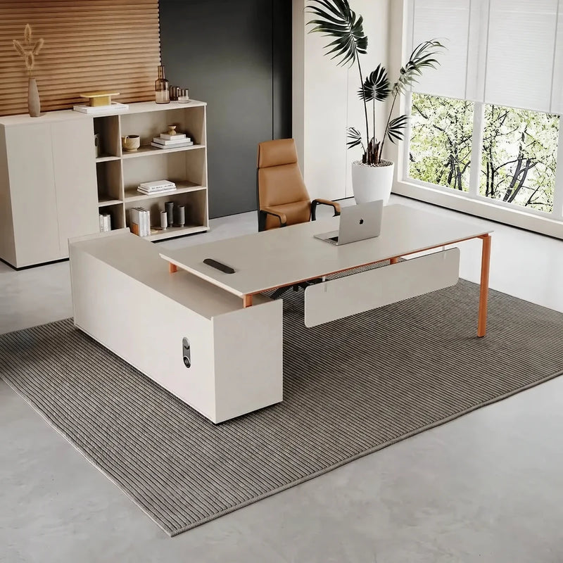 Selby manager desk, right return, wood-slat wall behind