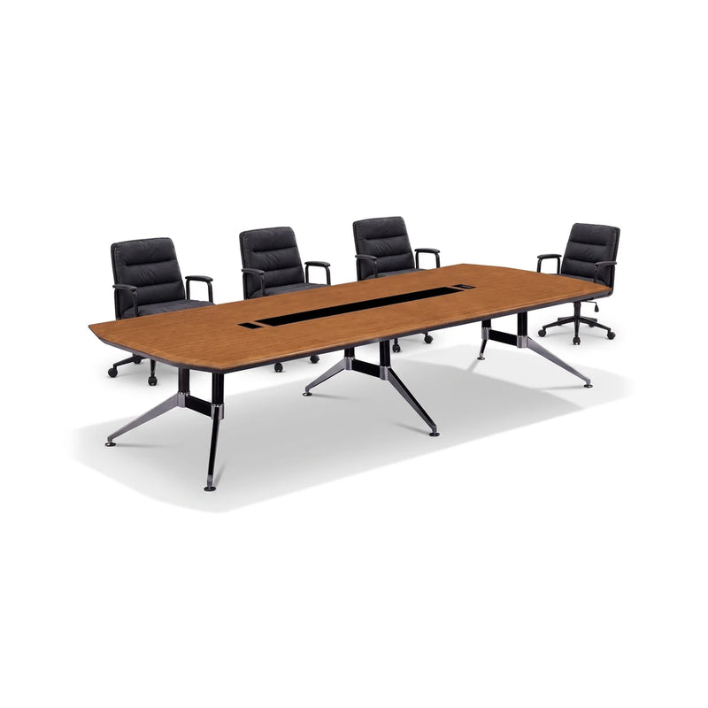 Convo modern conference table in cedar with a black center cable channel on chrome A-frame legs, 8′ to 11′6″ (96 to 138-inch) lengths