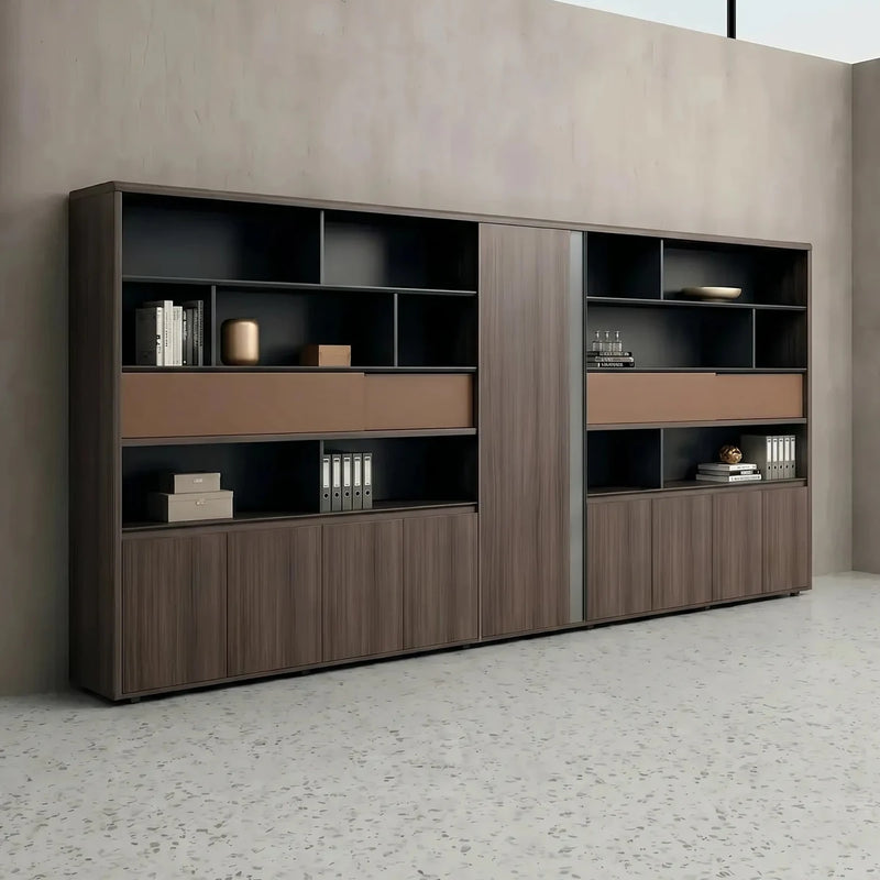 Rexton luxury office shelves angled in a large office, books and boxes on the grid shelves, tall cabinet doors at each end