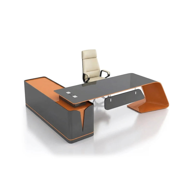 Euler L-shaped desk with smoked glass top and orange sweep base