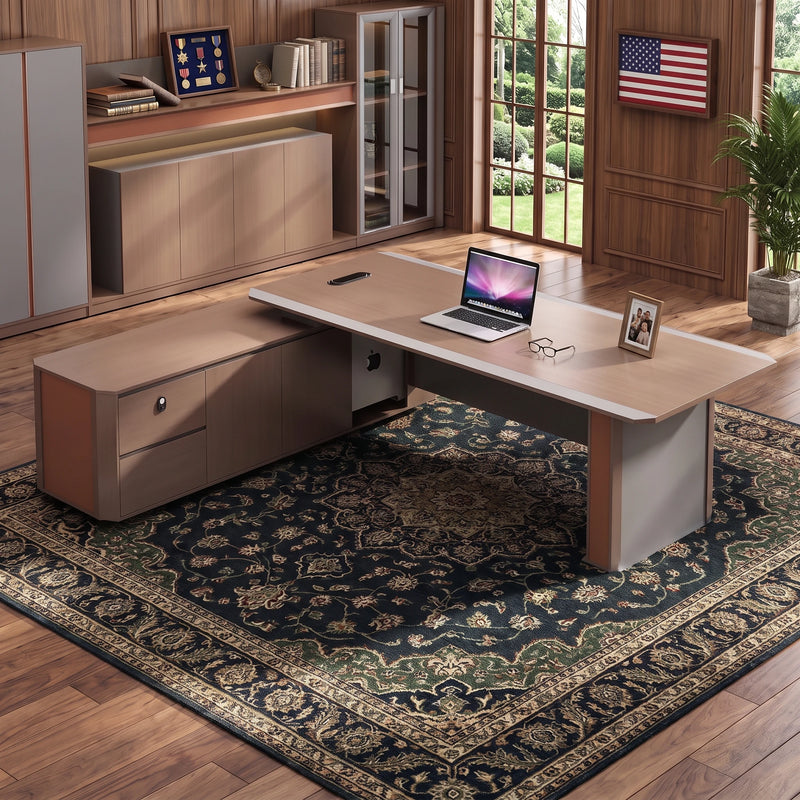 Walsh desk with low credenza and swing-arm lamp