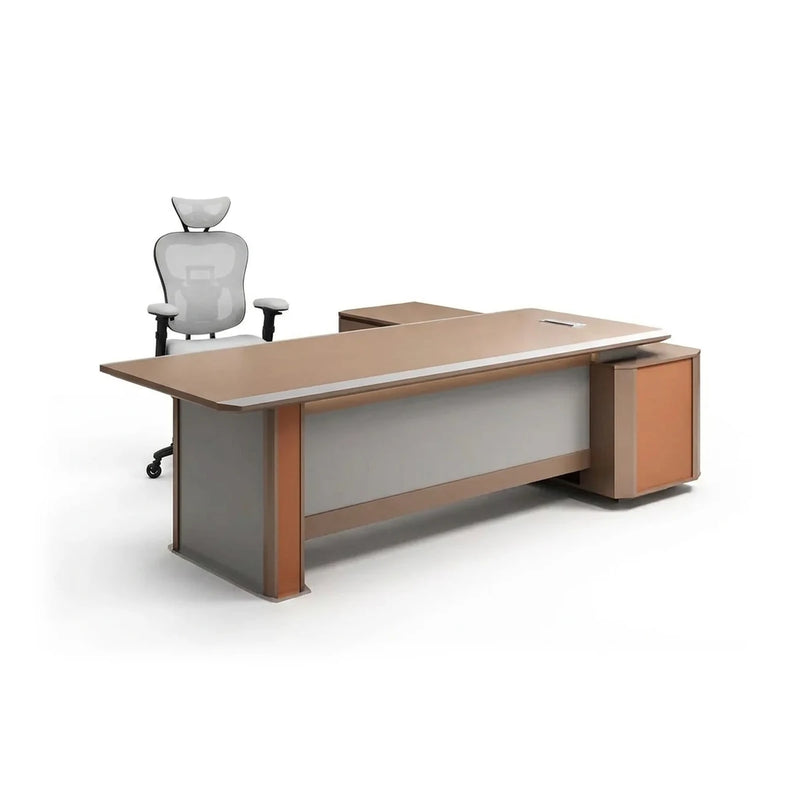 Walsh desk in brown and gray with leather-wrapped pedestals