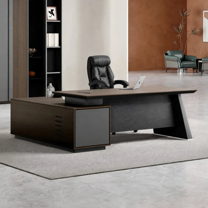 Slater desk, right return, in a terracotta office with green sofa