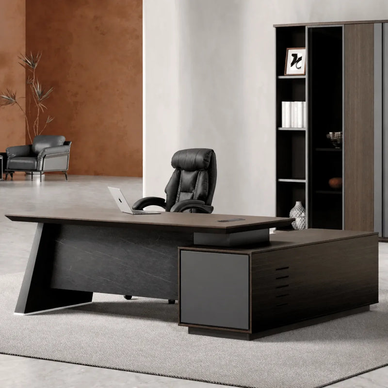 Slater desk, left return, dark shelving behind