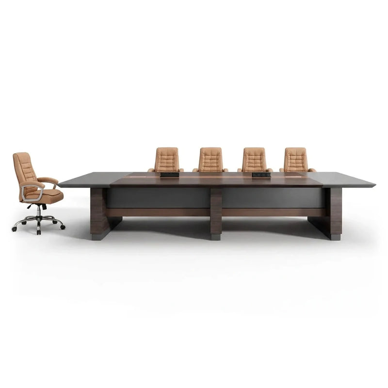 Fuller luxury conference table in walnut with gray leather-look panels and a paneled plinth base, 13′ to 26′3″ (156 to 315-inch) lengths