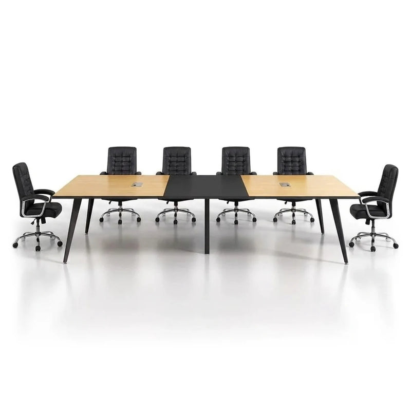 Harvard modern meeting table in elm with a black center section on angled black steel legs, 8′ to 12′ (96 to 144-inch) lengths