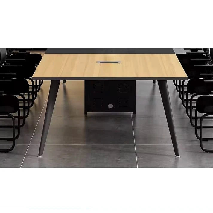 Harvard table underside showing the perforated black center cabinet and angled legs