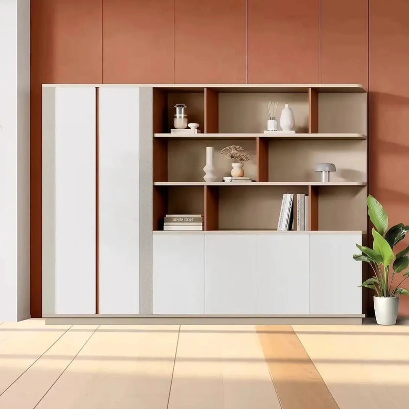 Thornby 8′ (96-inch) office wall unit in a terracotta room, books and vases on the open shelves, white lower doors