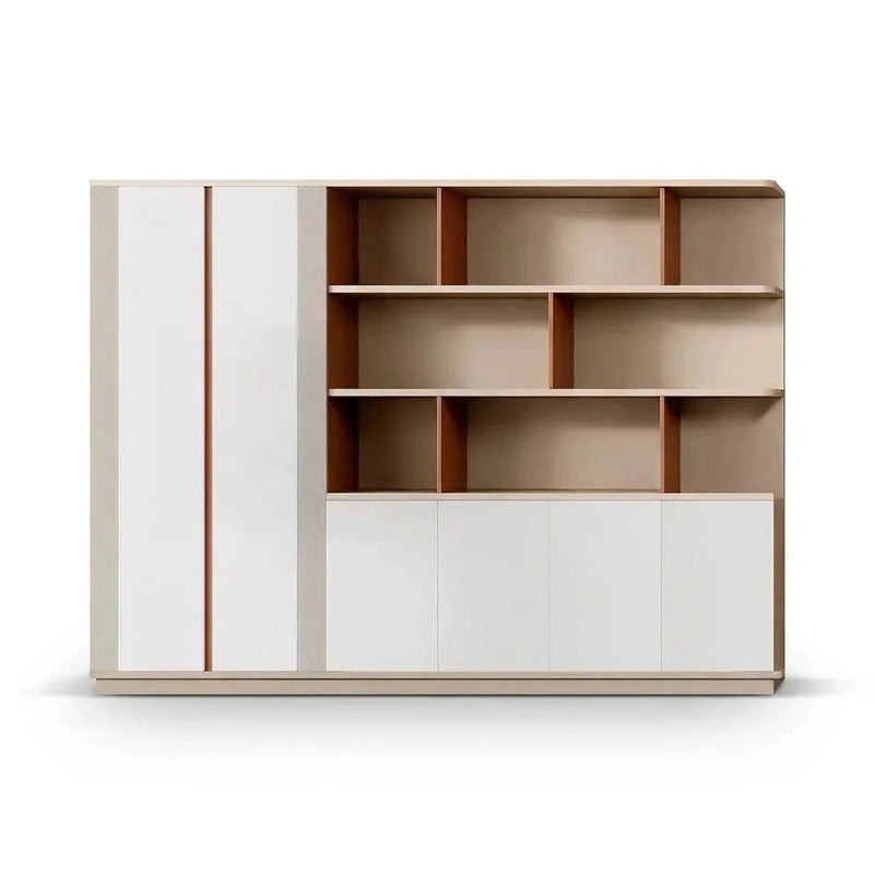 Thornby 8′ (96-inch) office shelves in gloss white and beige, tall closet doors with tan strips beside open cubbies, front view