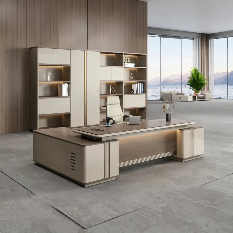 Stanford desk, right return, in a seaside office with shelf wall