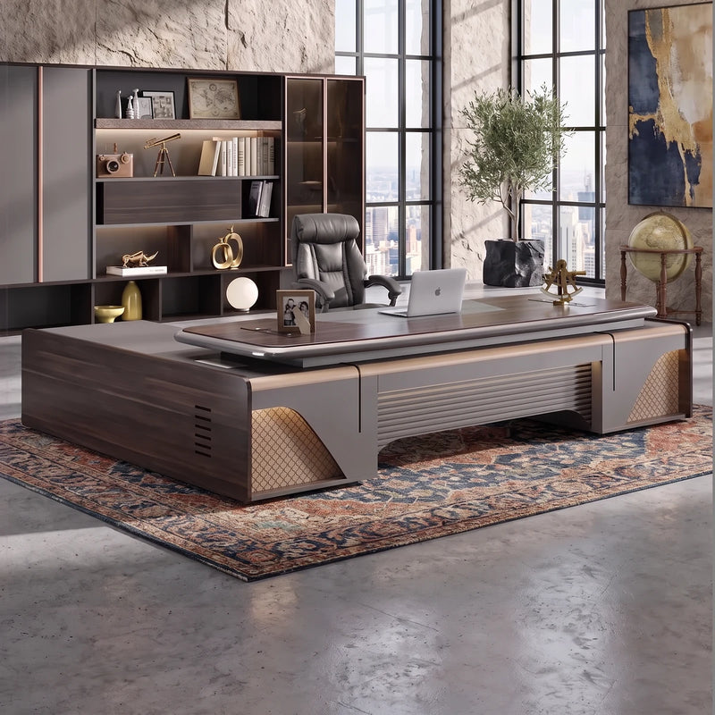 Stellan L-desk in a stone tower office with a city view
