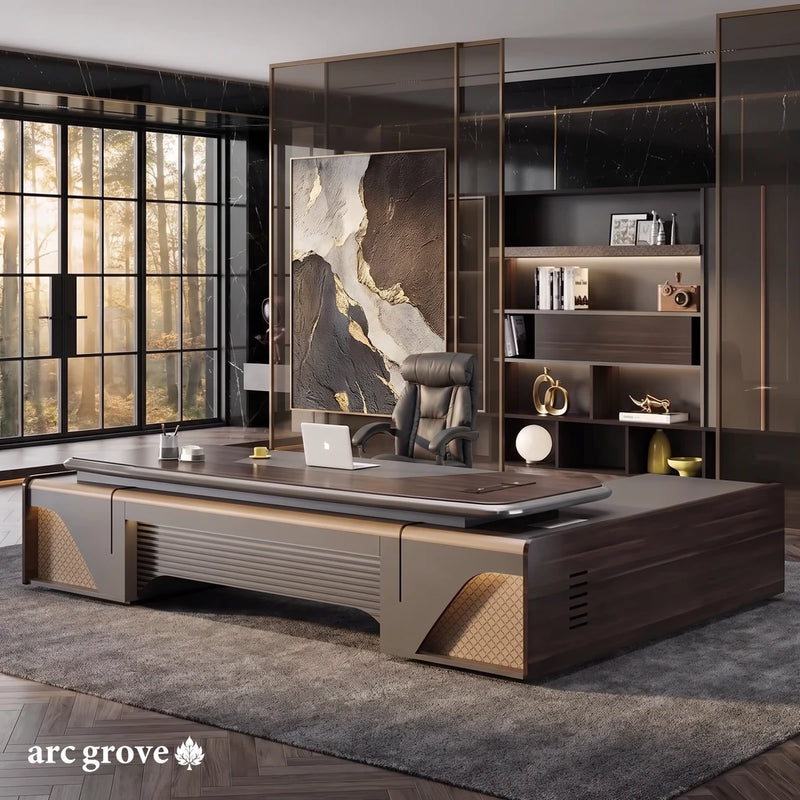 Stellan L-shaped desk, mirrored layout, in a black marble office