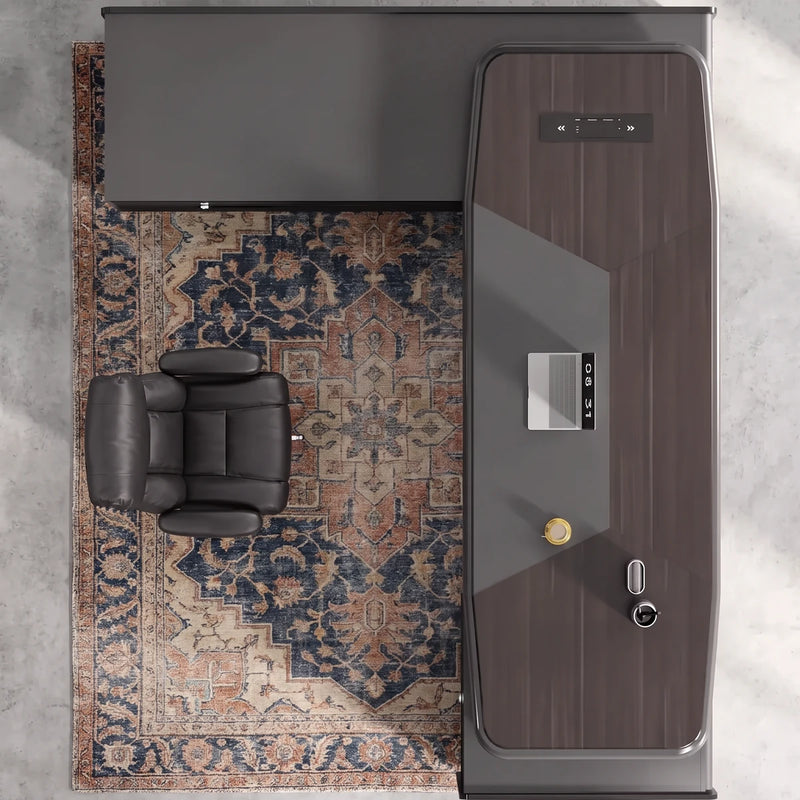 Stellan desk seen from above on a rug and a concrete floor