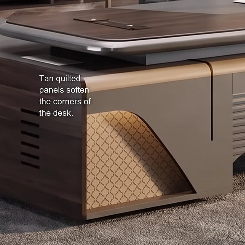 Close-up of the tan quilted corner panel on the Stellan desk