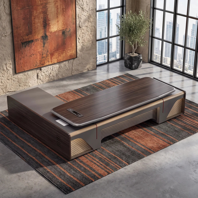 Stellan desk in a sunlit office with a city view