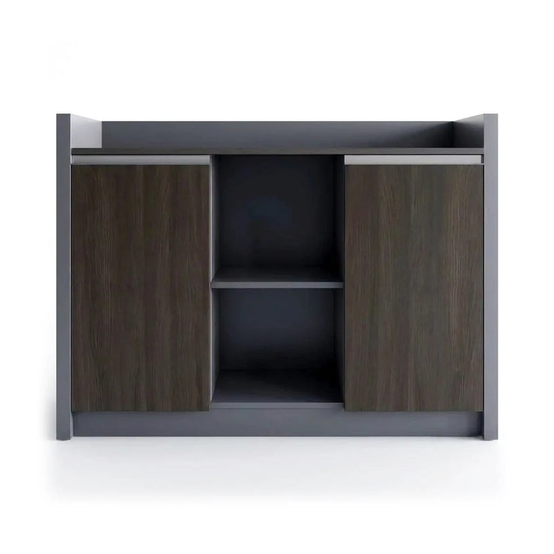 Radnor 4′ (48-inch) office credenza in walnut, front view, open center cubbies between two cabinet doors