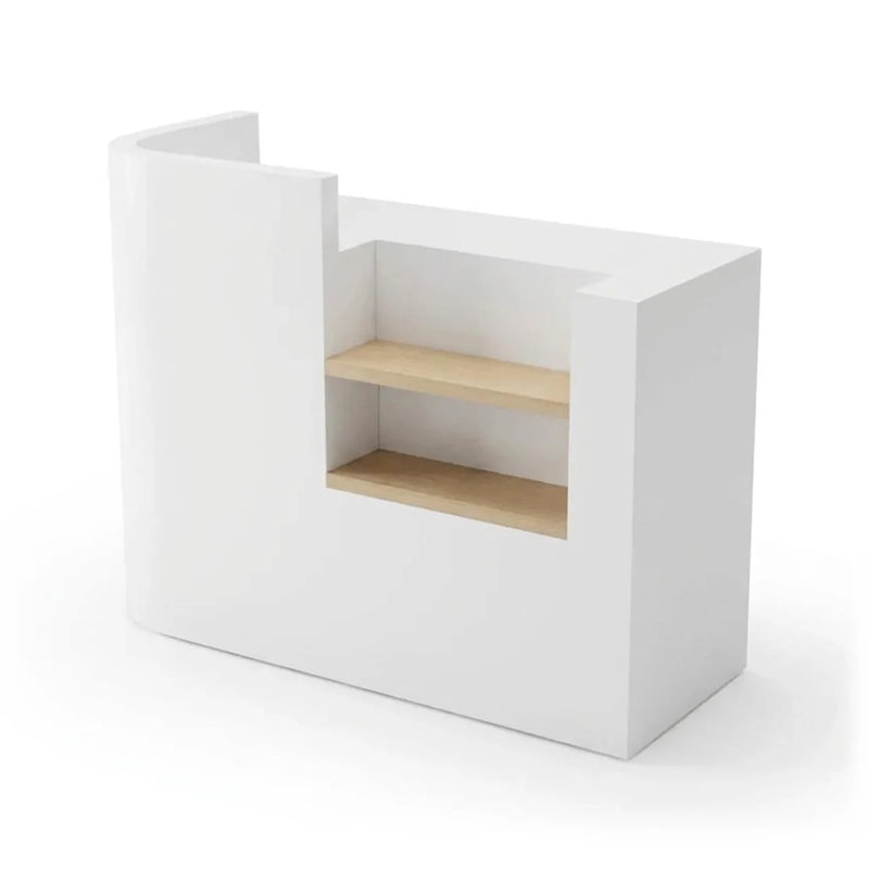 Elyria compact host stand in white with oak display shelves, studio view