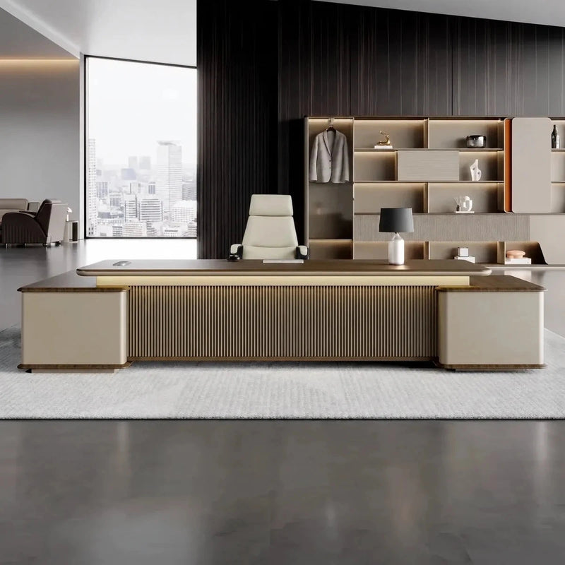 Sussex executive desk with an oak brown top, fluted front and beige tan side cabinets