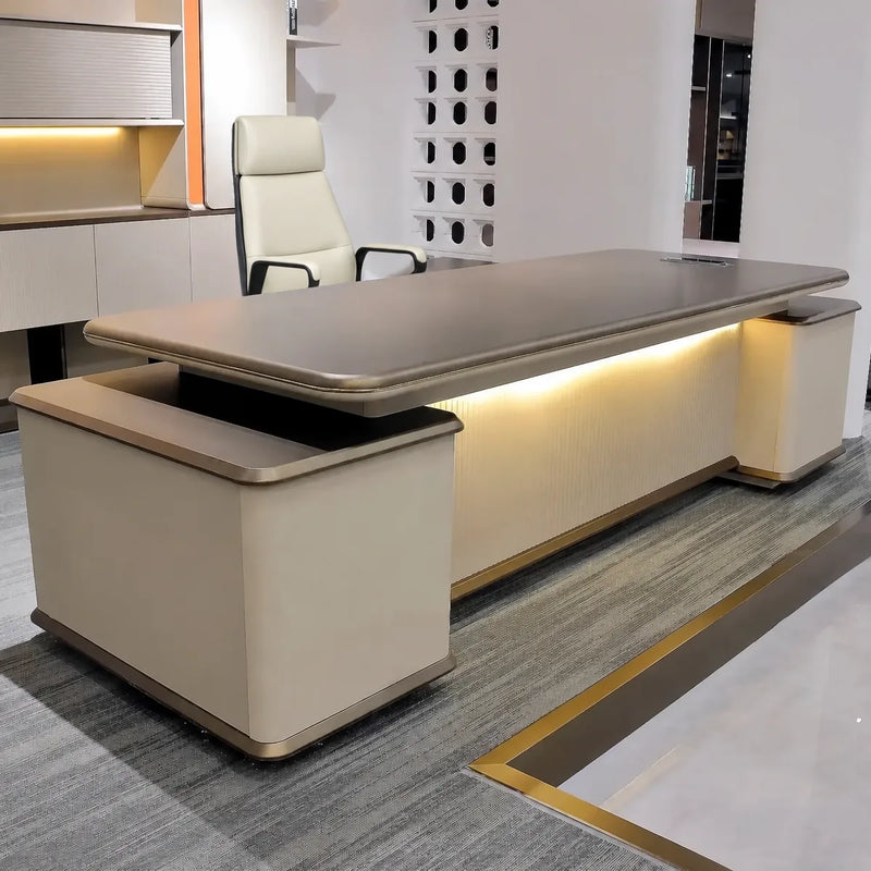 Sussex desk with under-glow band in a stone-tile showroom