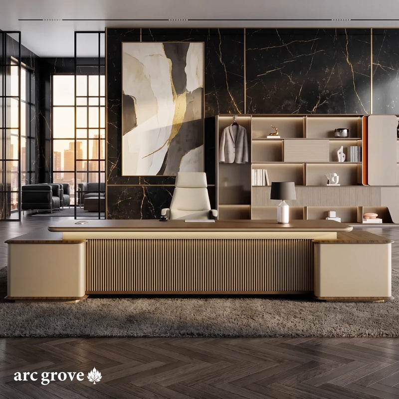 Sussex executive desk in oak brown and beige tan in a black marble office with gold veining
