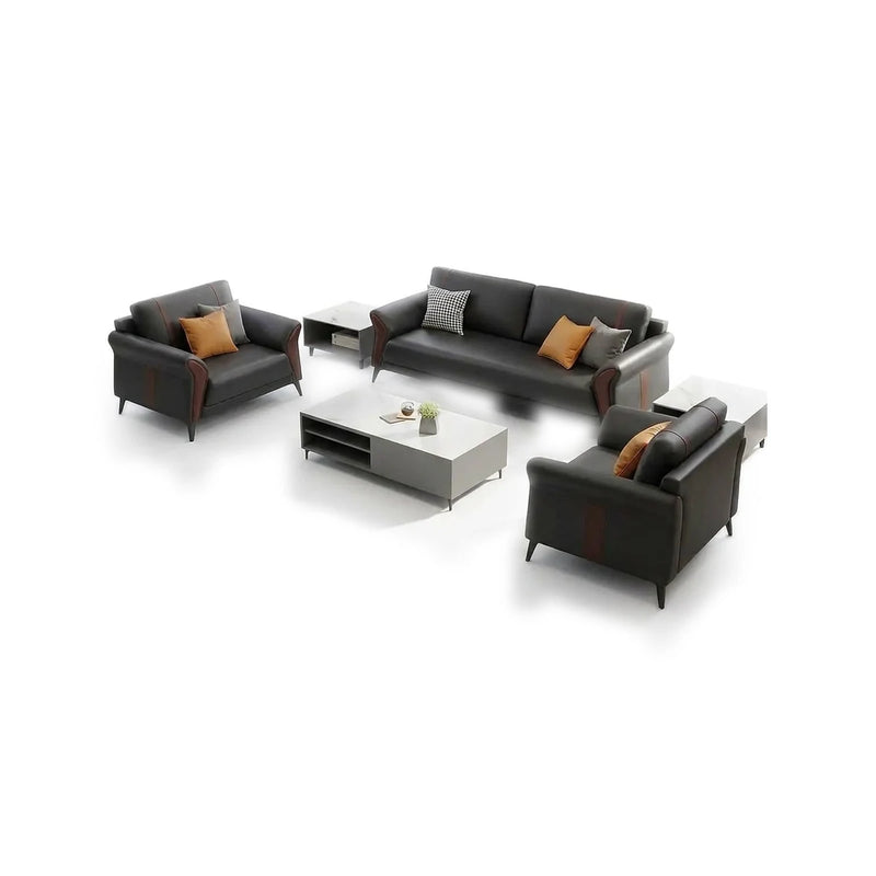 Kiruna modern office lounge conversation set in black and brown leather: 3-seater sofa and two arm chairs on a gray rug