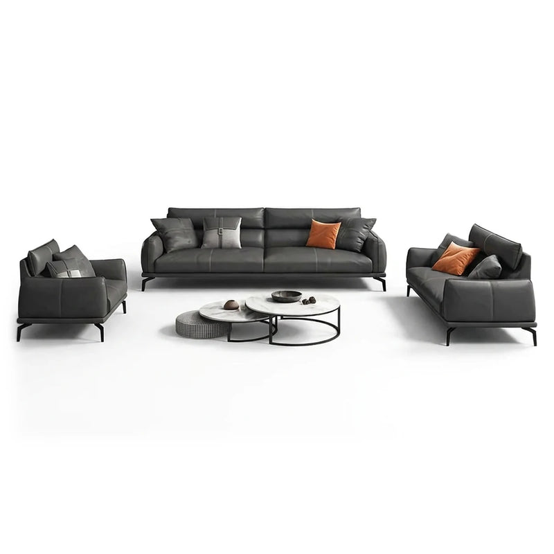 Vindö modern office lounge conversation set in black leather: 3-seater sofa, two arm chairs and round nesting tables