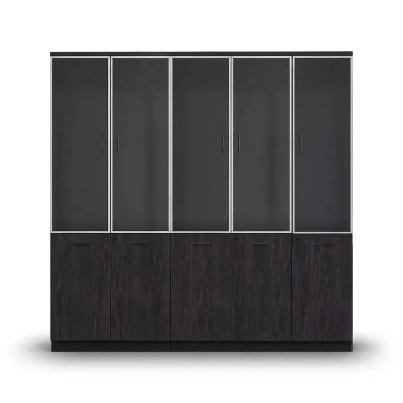 Ashcombe 6′7″ (79-inch) office display cabinet, five framed glass doors over dark oak lower doors, front view
