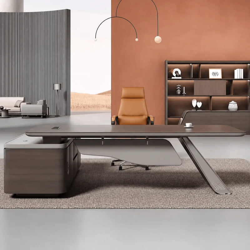 Tanzer desk, right return, curved screen wall behind