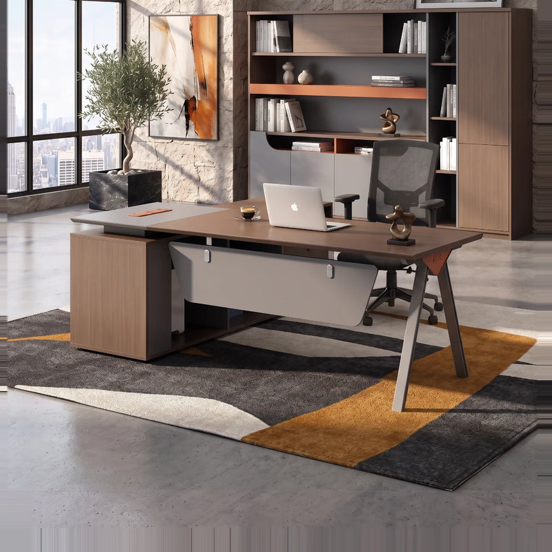 Tasker desk in a sunlit stone tower office with a city view