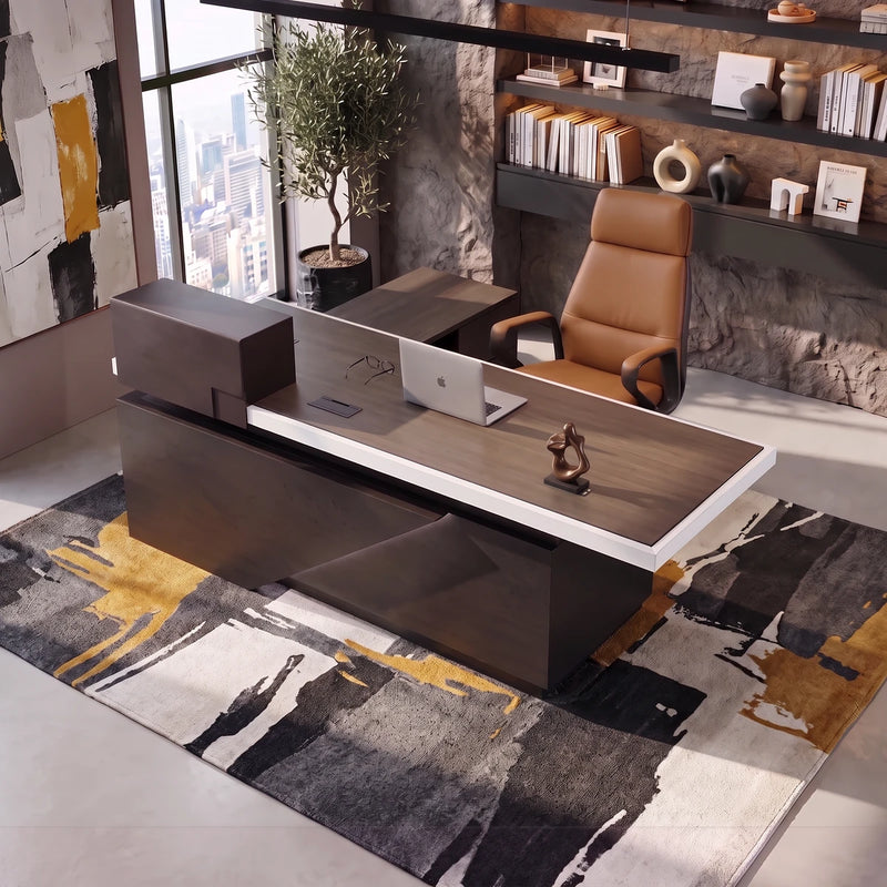 Taunton desk in a sunlit stone tower office with a city view