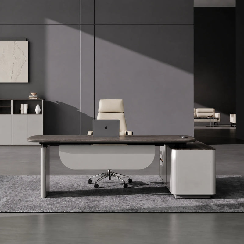 Tavren desk at sitting height in a gray gallery office