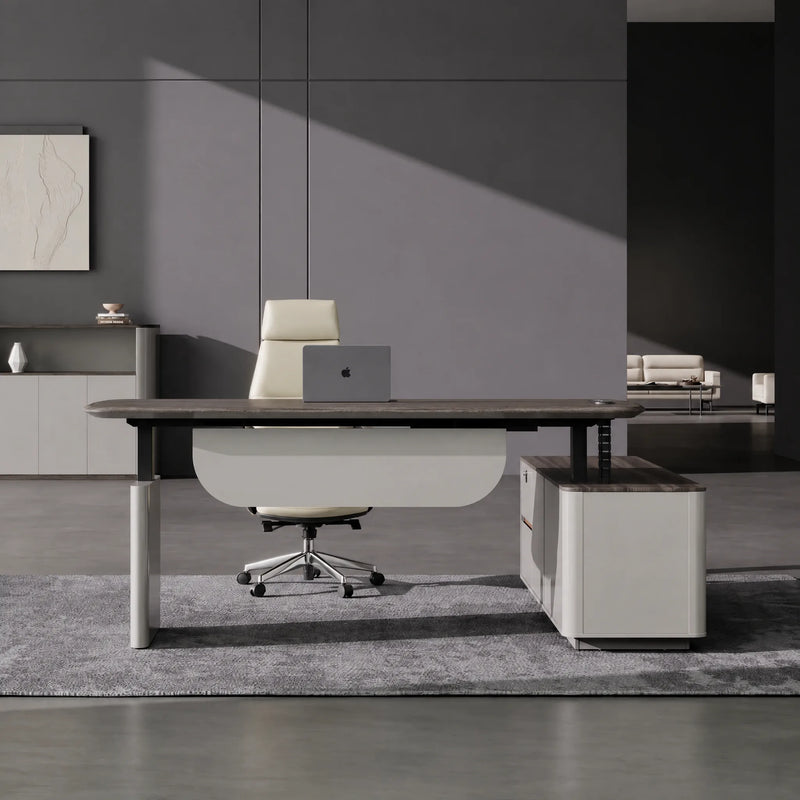 Tavren desktop raised to standing height on twin columns