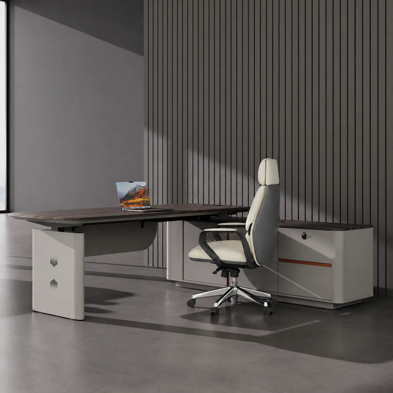 Tavren desk with keyed credenza in a gray studio office