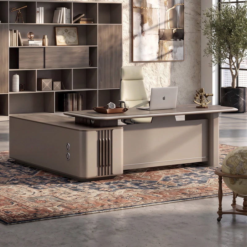 Teller desk in a dark showroom with lit shelf wall