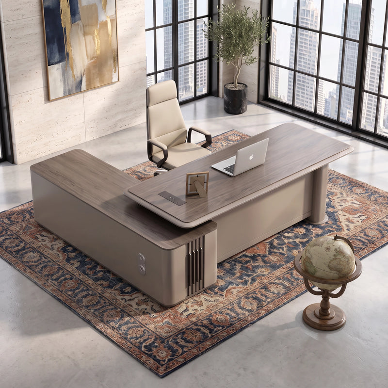 Teller desk from above, right return, cream chair on carpet