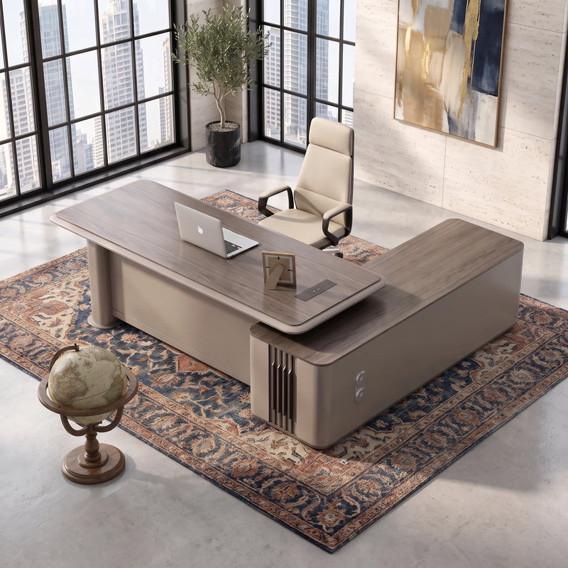 Teller desk, left return, laptop and snacks on top