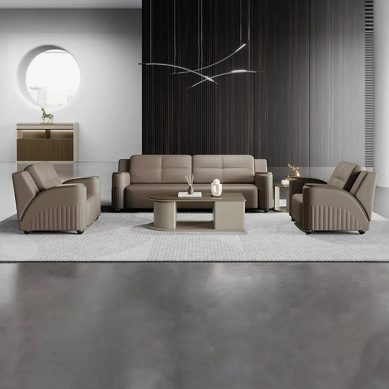 Nora brown sitting area set with an oval coffee table in a lobby with a round window and dark wood wall