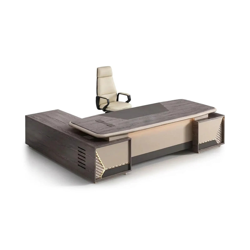 Fairwyn executive desk in gray oak with gold-studded cream pedestals