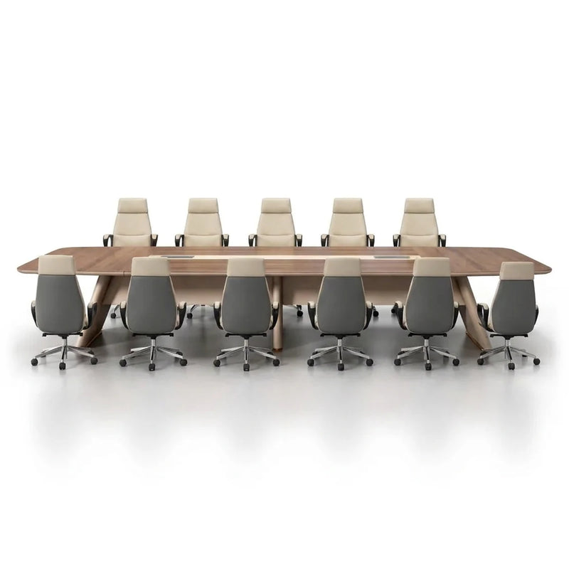 Rally luxury conference table in brown oak with a leather-look center panel on sculpted pedestals, 12′ or 16′5″ (144 or 197-inch) length