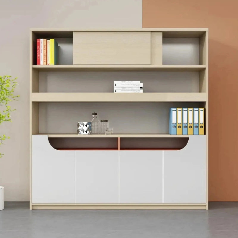 Ellsworth office bookcase front view in a peach room, books and binders on the open shelves, white base cabinets