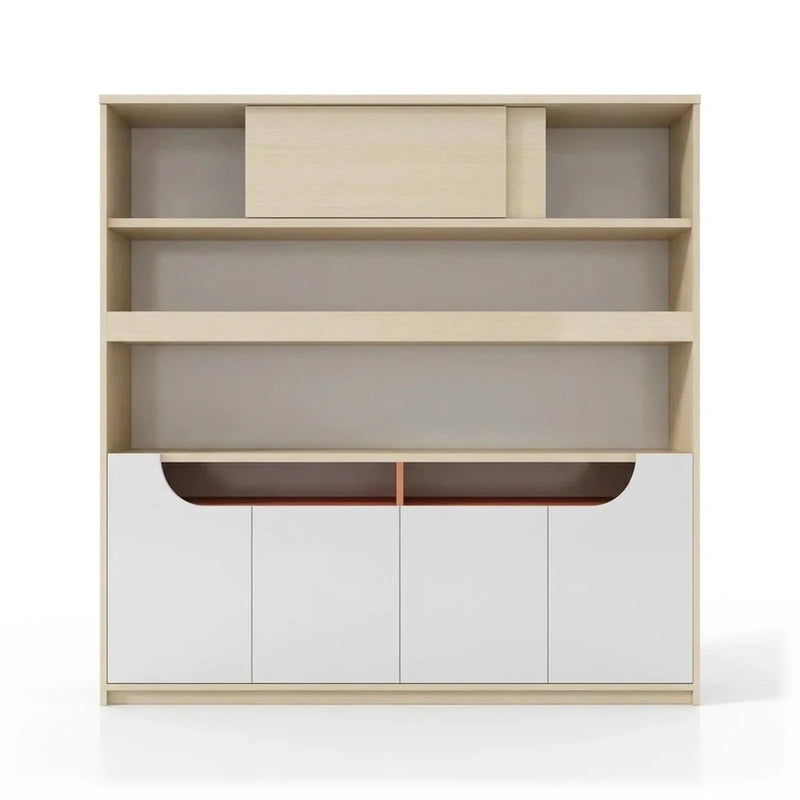 Ellsworth 5′3″ (63-inch) office shelves in beige with orange accents, sliding top panel, open tiers and white doors below