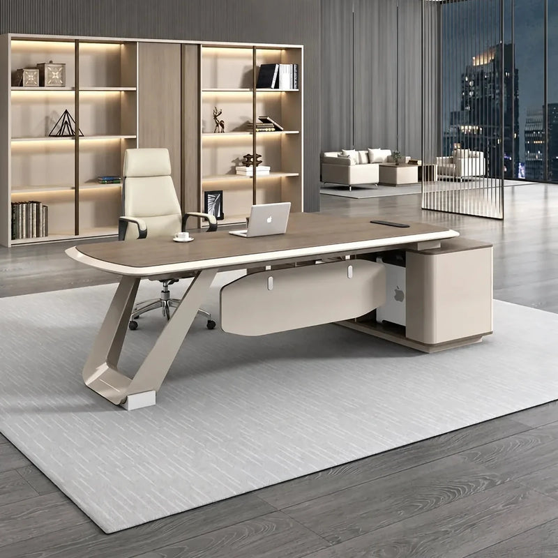 Tiller manager desk, left return, in a night-view office