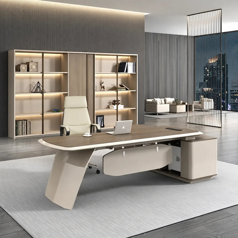 Tilson desk, left return, cream chair by the bookcase