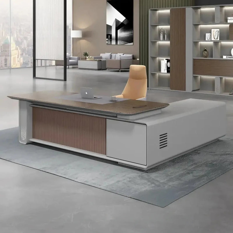Myer desk, left return, in an olive office with shelf wall